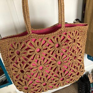 Mud Pie Paper Straw Daisy Tote Bag Pink Interior